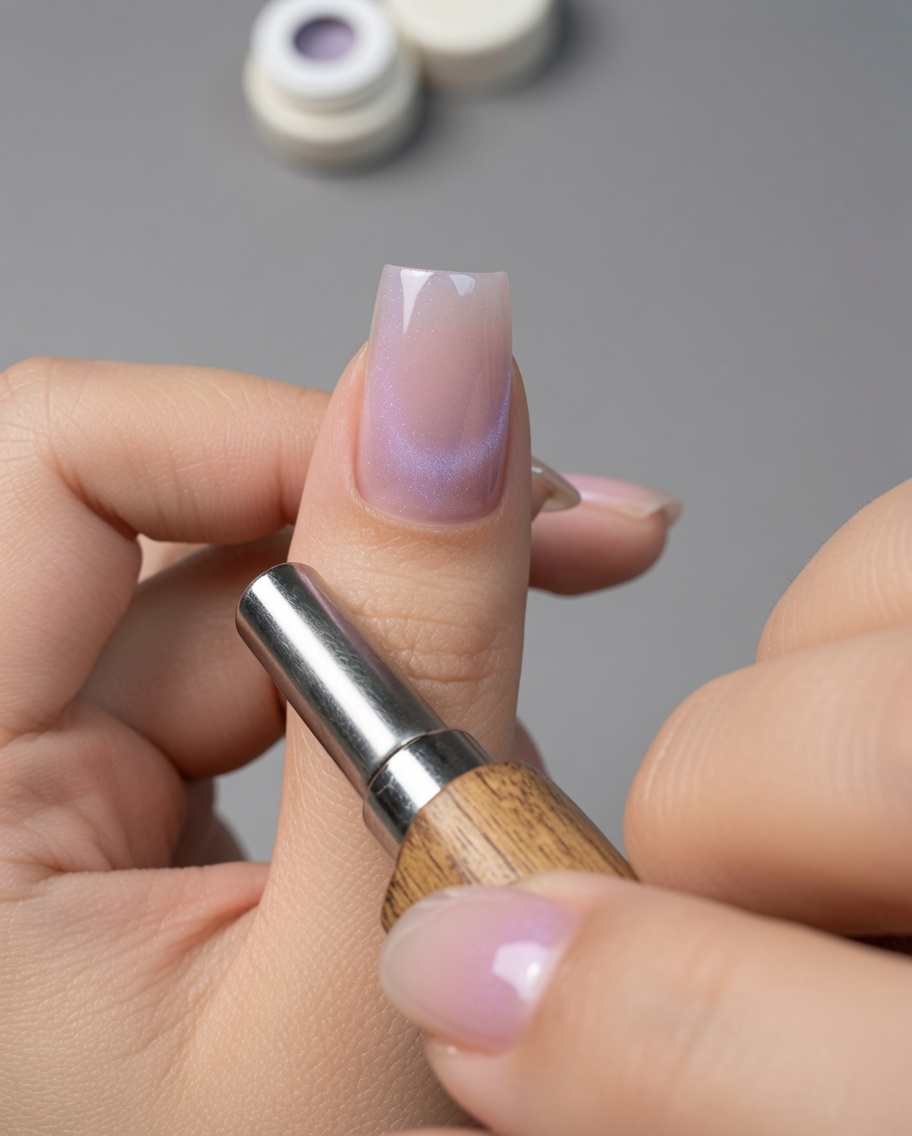 A cylindrical magnet being used to pull and concentrate the cat eye shimmer on the surface of the nail.