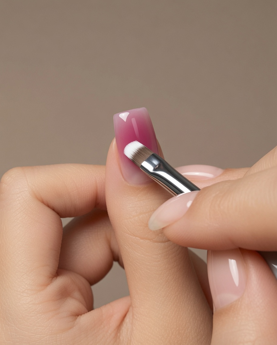An angled brush painting delicate curved white petals around the center of a gel nail design.