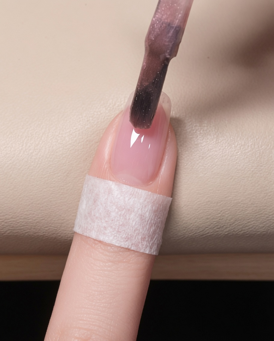 A close-up of a nail brush applying a thin layer of sheer pink cat eye gel to a prepared natural nail.