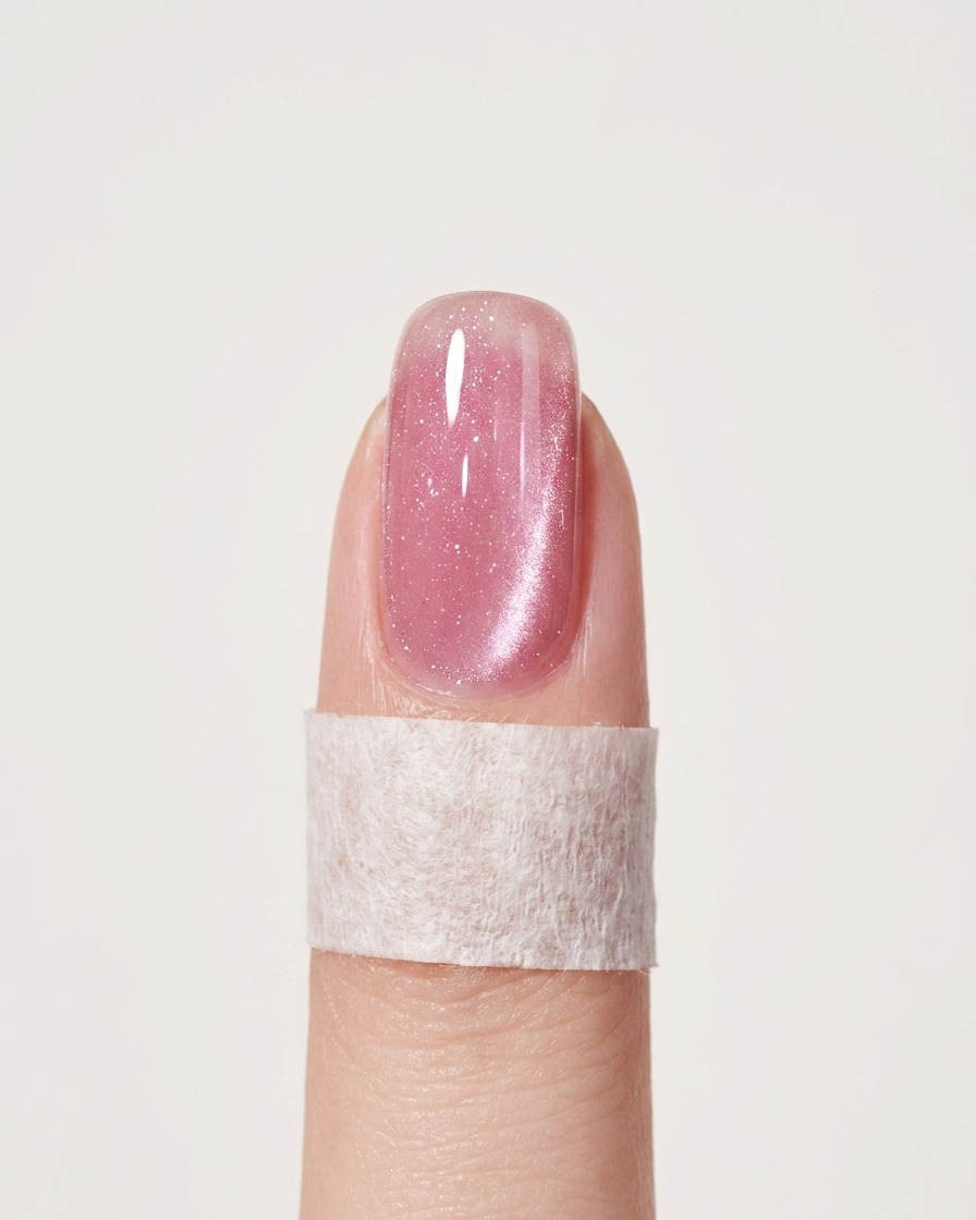 A magnetic tool held close to a wet, pink-painted nail, showing the metallic shimmer particles shifting to create a cat-eye effect.