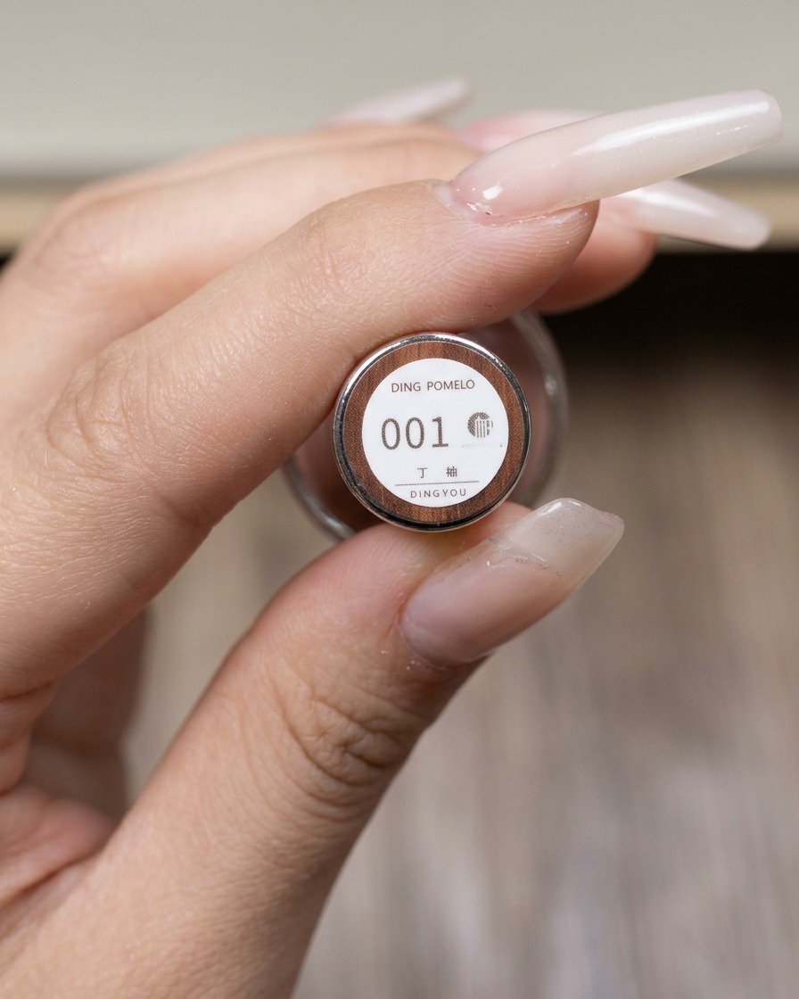 A close-up view of a hand holding the number 1 grey cat eye gel polish bottle.