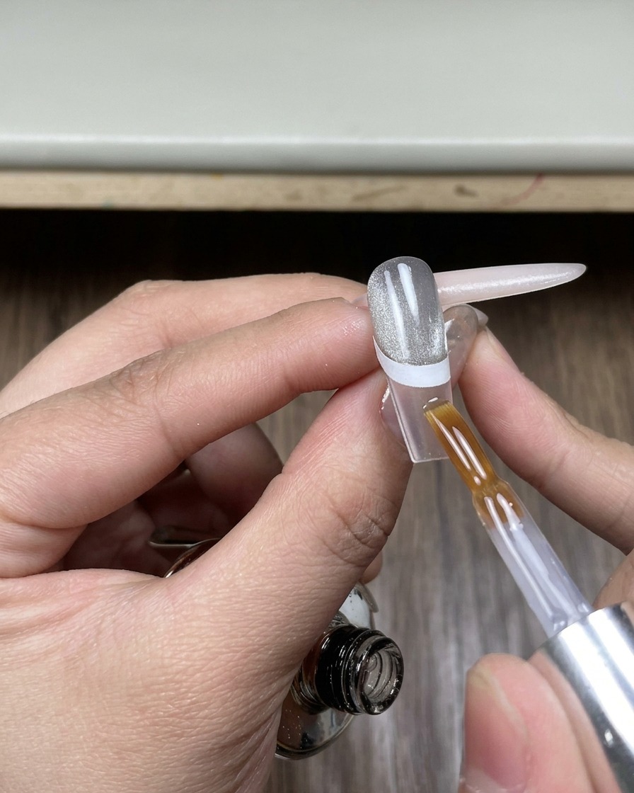 A brush applying a clear, glossy top coat onto the exposed tip area of a nail, following the curve of a white French tip sticker.