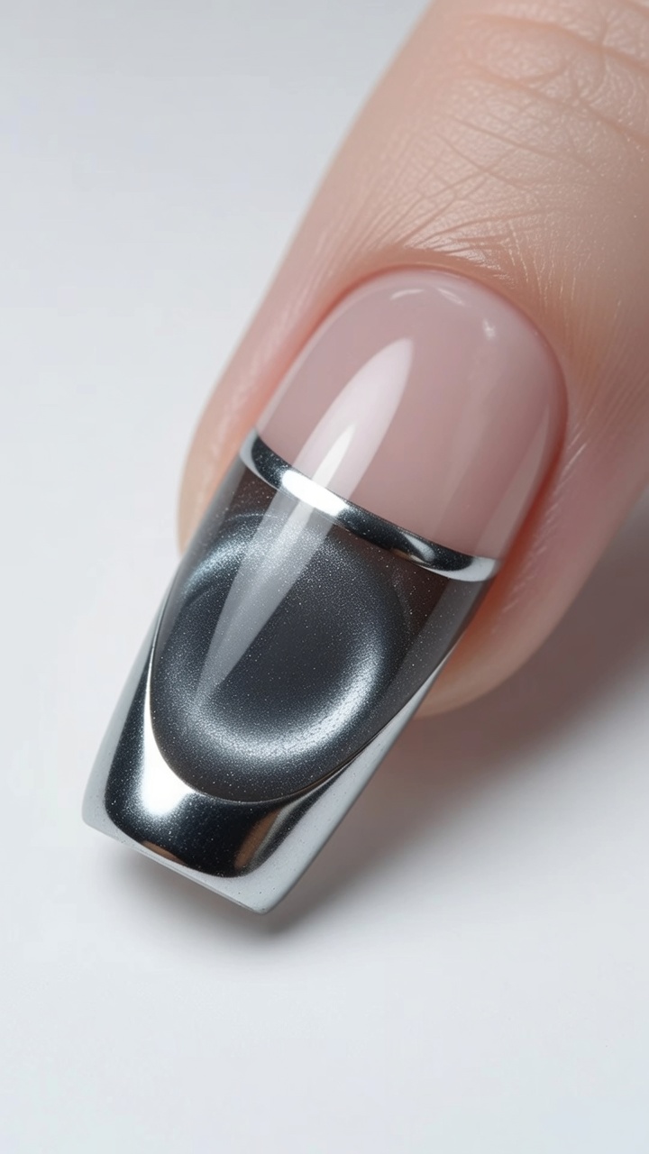 Sophisticated smokey grey cat eye manicure featuring a clean negative space French tip with a mirror-like titanium silver chrome finish.