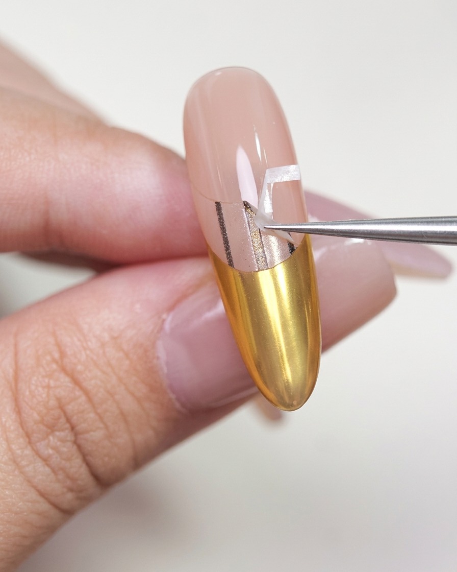 Tweezers carefully lifting a white French tip sticker guide from a nail, revealing a perfectly sharp, clean chrome French edge.
