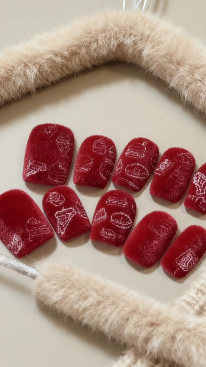 Red Velvet Fuzzy Plush Stamped Nail Art Tutorial