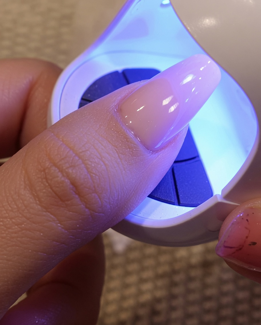 A nail brush applying a clear, viscous top coat gel over a light brown base color, leaving a wet and glossy finish on the nail.