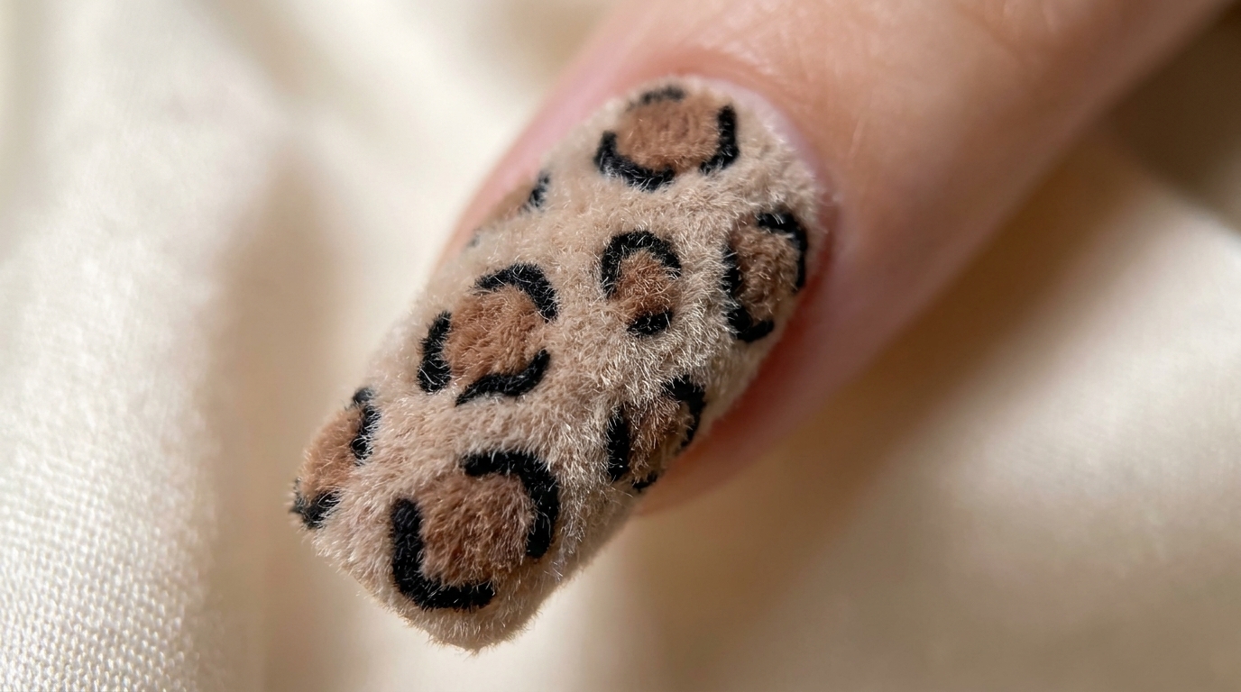 Textured fuzzy leopard print nail design featuring a light brown base with coffee-colored spots and black outlines.