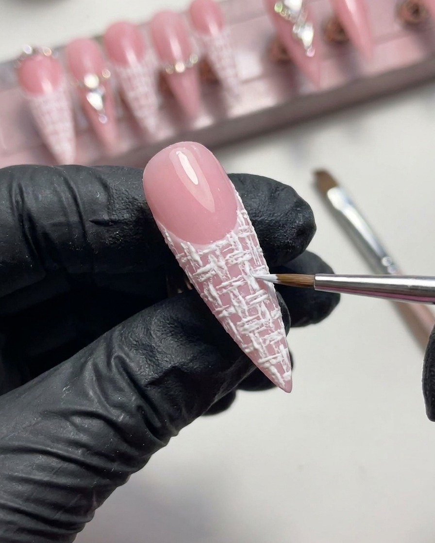 A close-up showing a brush applying a clean, raised white border of plaster gel along the smile line of a French manicure.