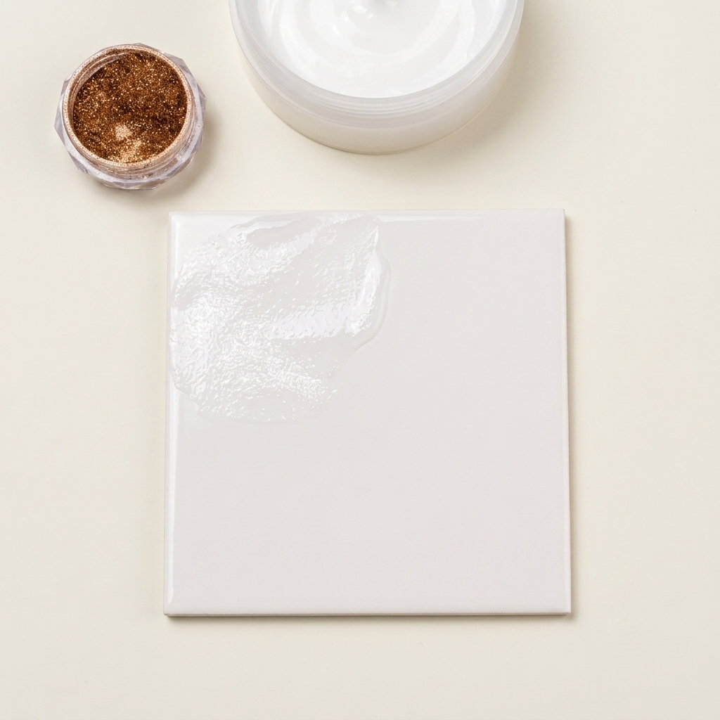 A small mound of clear crystal powder on a palette next to a jar of copper mirror powder.