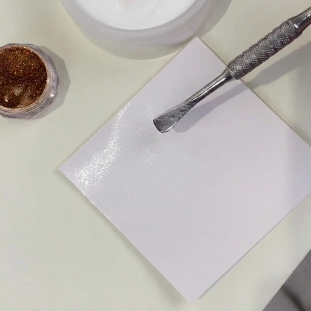 A close-up view of a metal cuticle pusher blending clear powder and bronze-toned mirror powder on a white square palette.