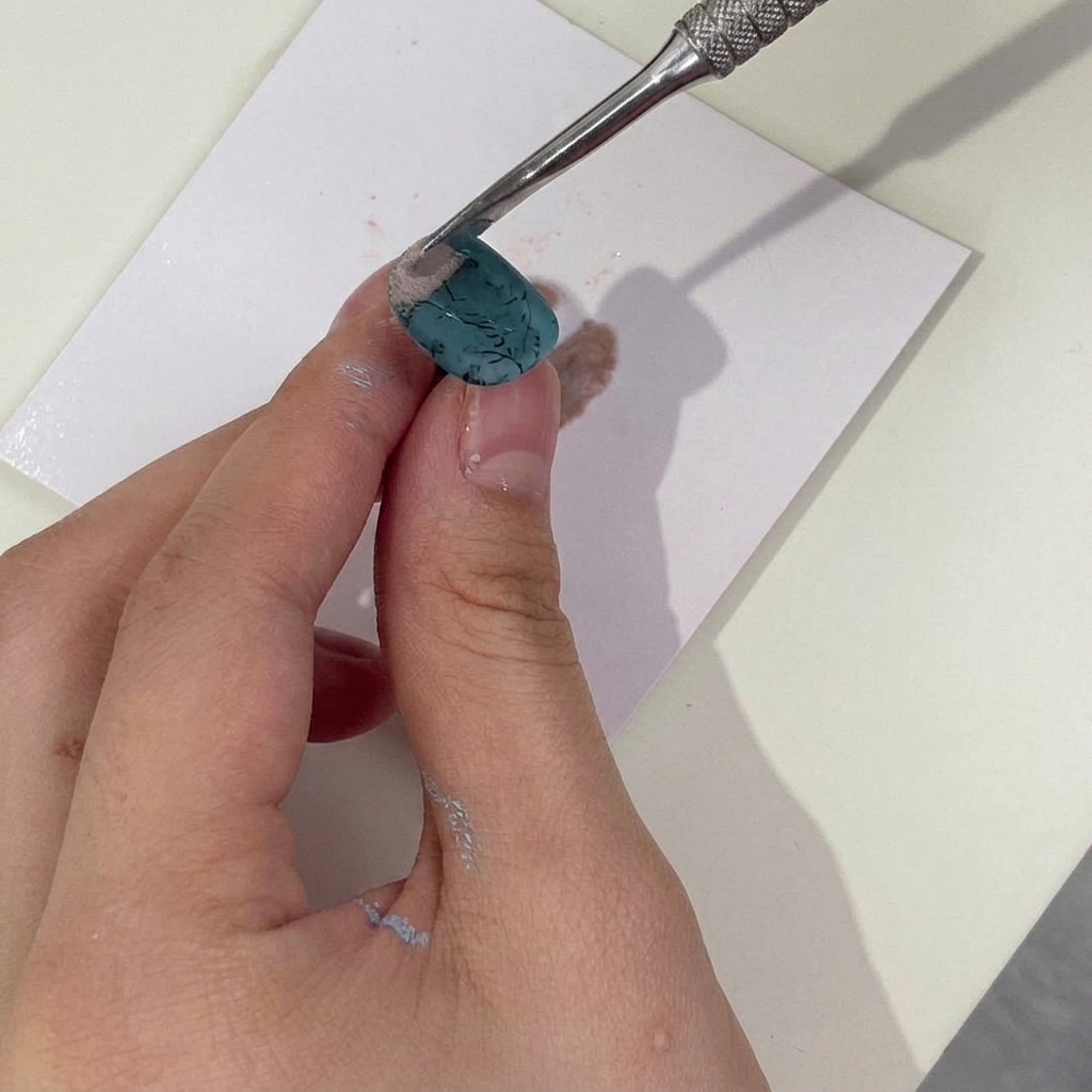 A metal tool held above a turquoise nail, sprinkling a light layer of custom-mixed powder onto a fresh black stamped floral design.