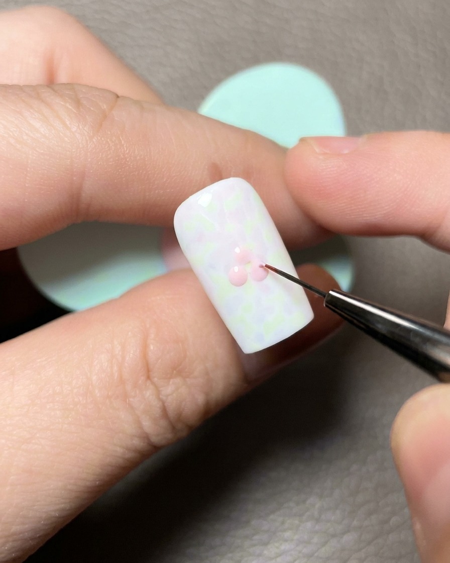 A precision liner brush connecting pink gel dots on a white base nail to create a heart shape.