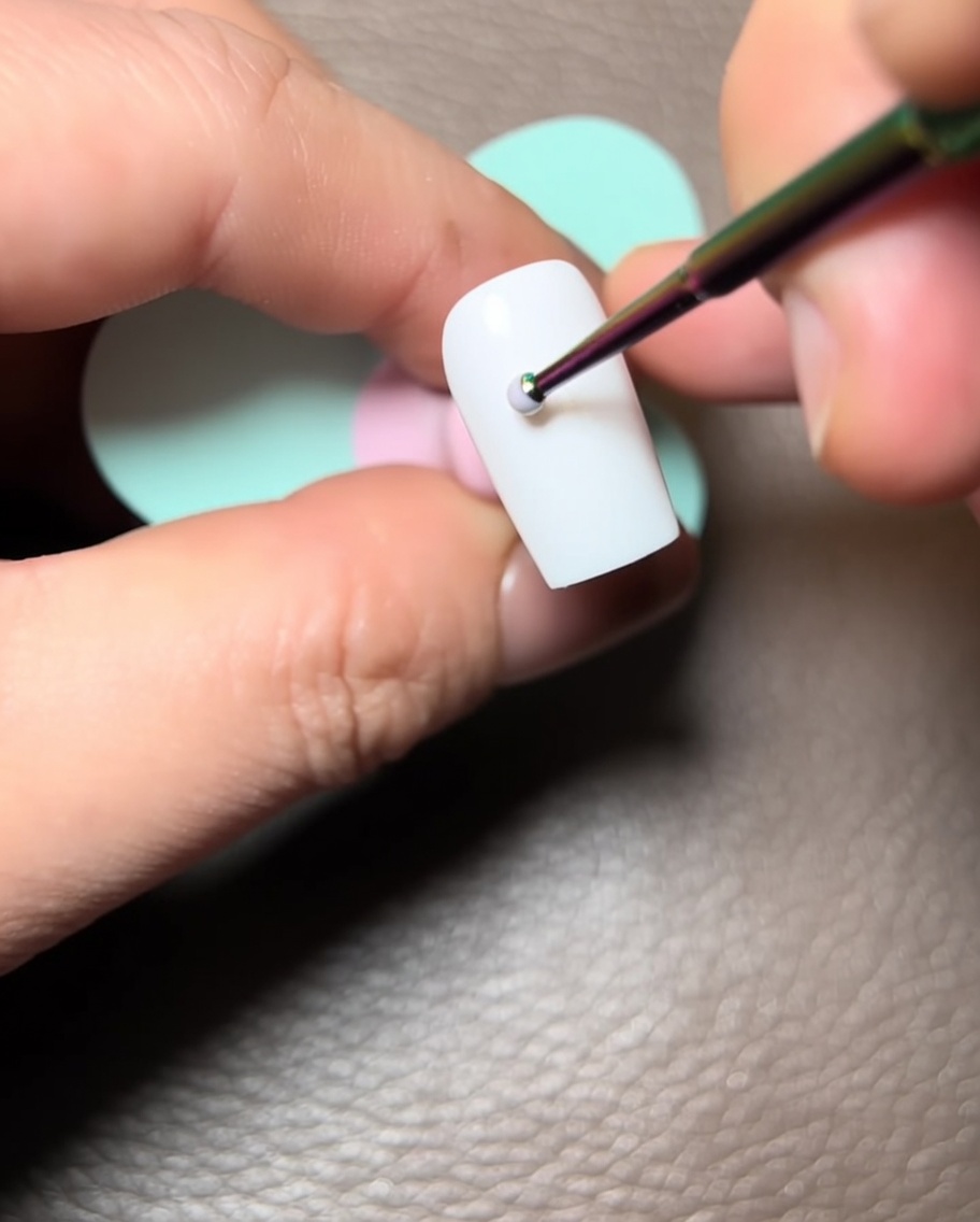A dotting tool applying a small pink dot above the heart shape on the nail.