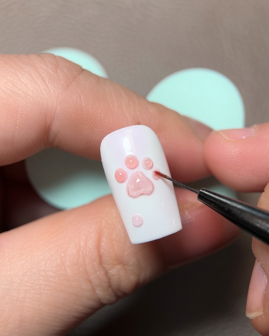 A thin liner brush carefully shaping the edges of a pink 3D gel paw print on a white nail.