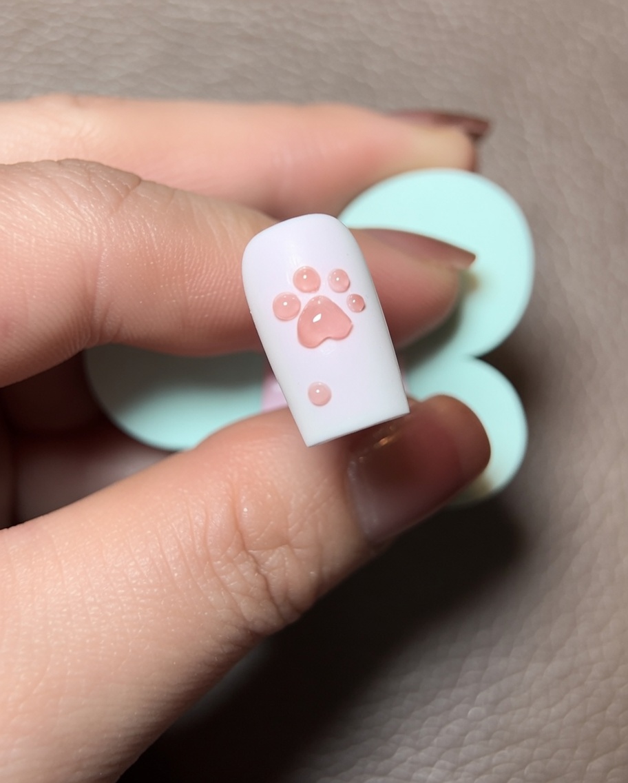 A fine brush applying a thin line of red cat-eye polish around the perimeter of the 3D gel paw.