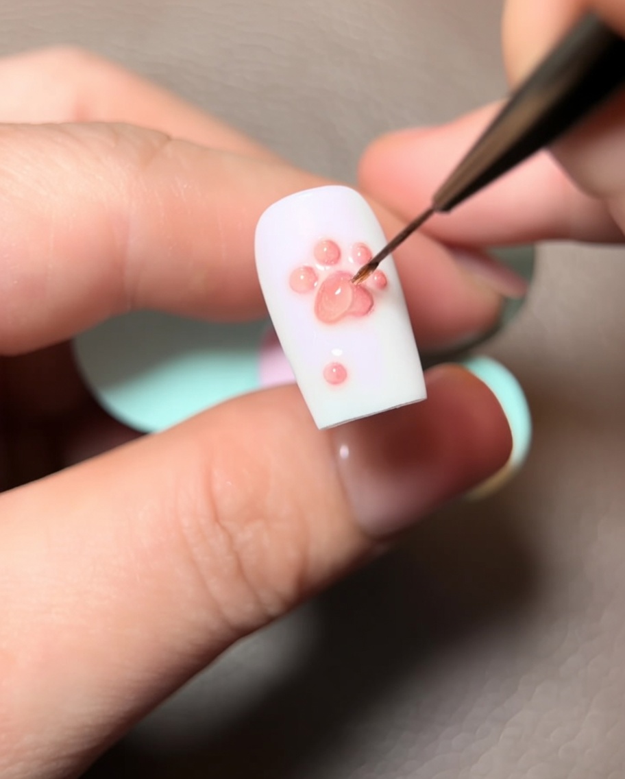 A nail being placed under a small UV curing lamp, focusing on the 3D paw design.