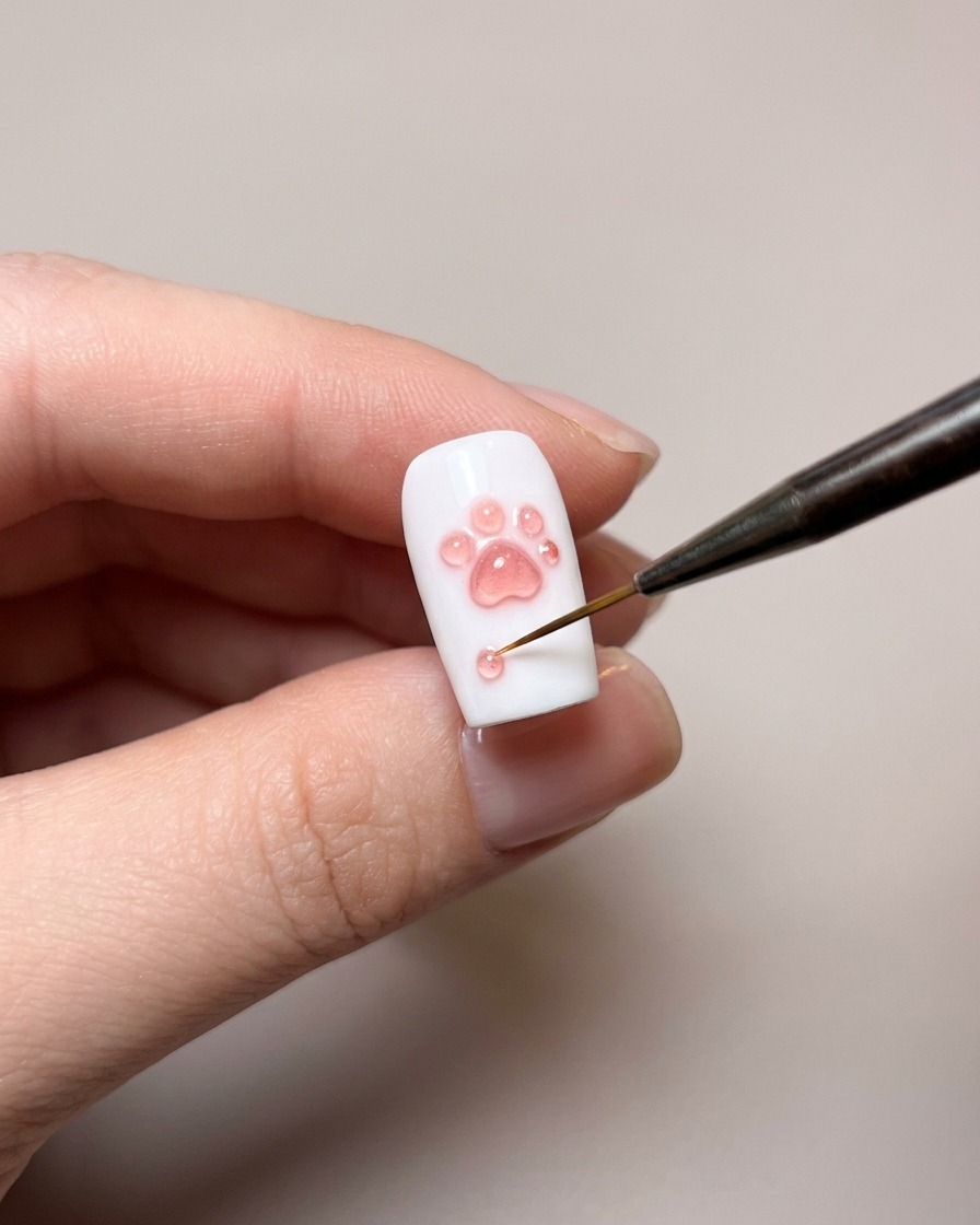 A fine-tipped brush applying clear base coat to the background of the nail, avoiding the raised paw print.