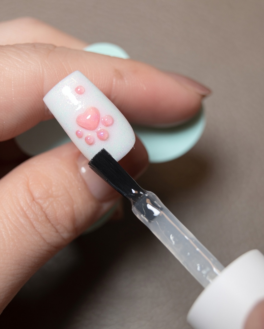 A nail with a freshly applied, uncured base coat surrounding a 3D paw design, held ready for the powder application.