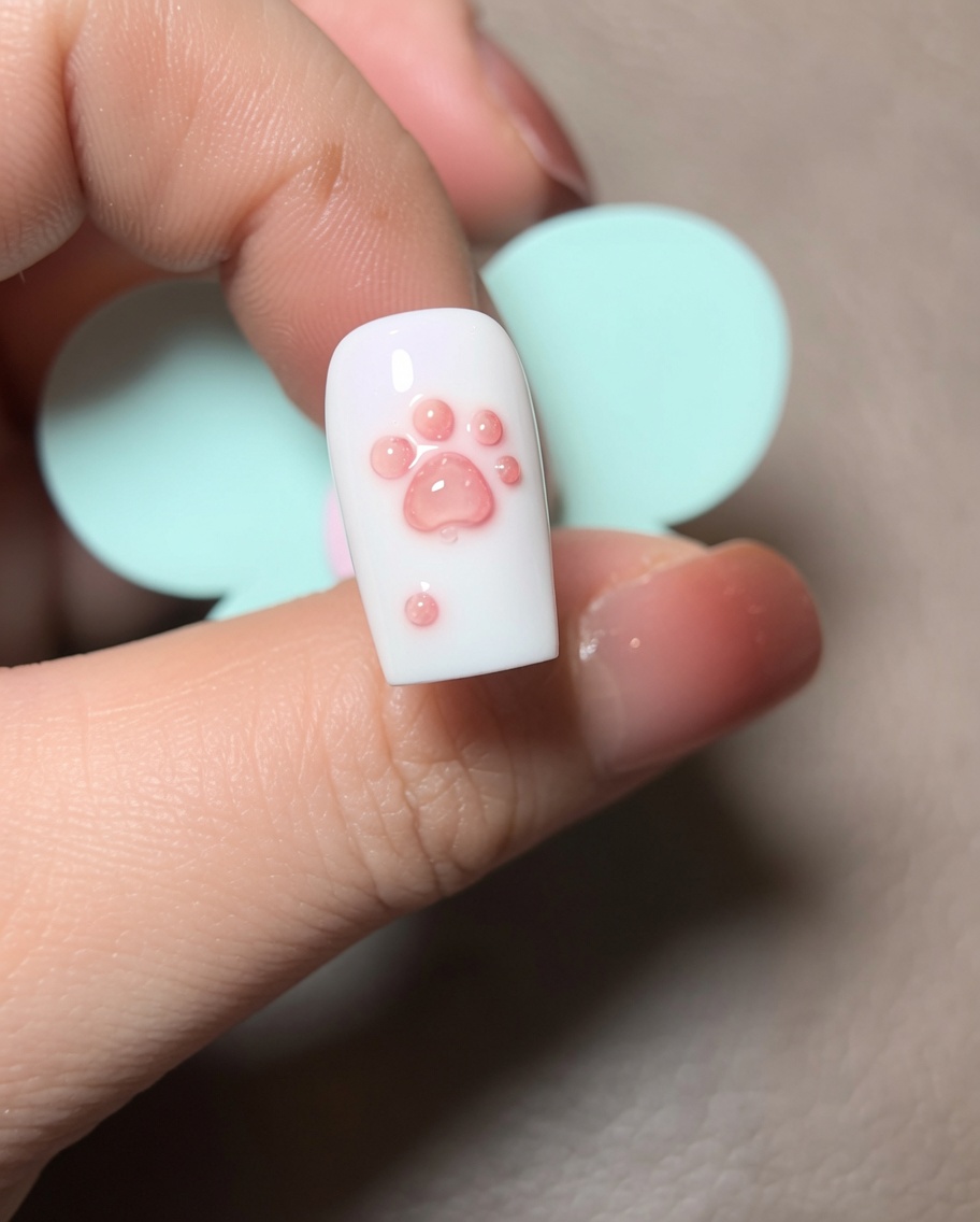A close-up showing a finger dipping a white-based nail with a 3D paw design into a pot of white flocking powder.