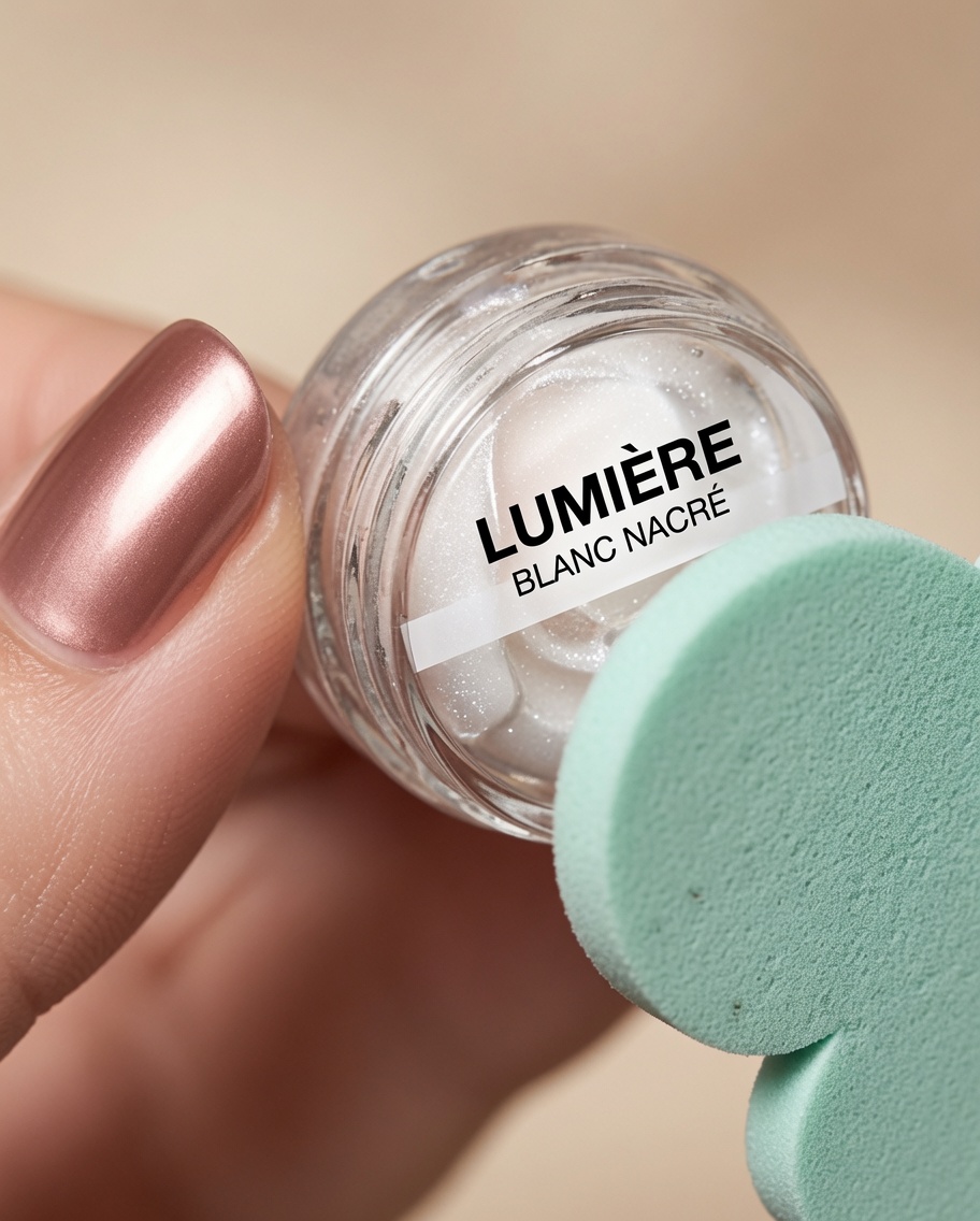 A close-up view of a small container of white flocking powder with a nail visible in the background.
