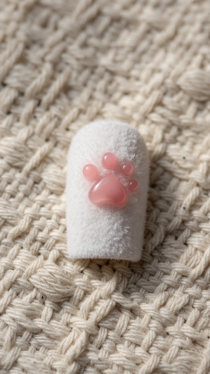 A detailed close-up of a white textured nail featuring a soft 3D pink cat paw design.