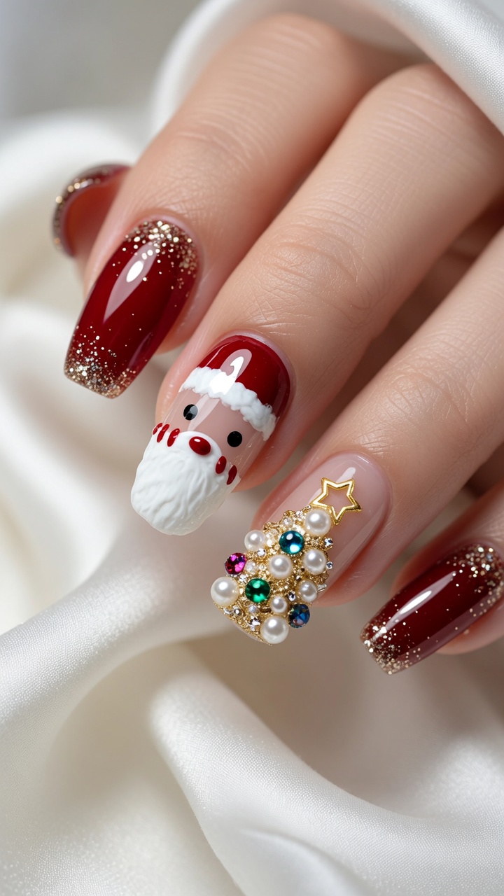 Festive Christmas Santa and 3D Tree Gel Nail Tutorial