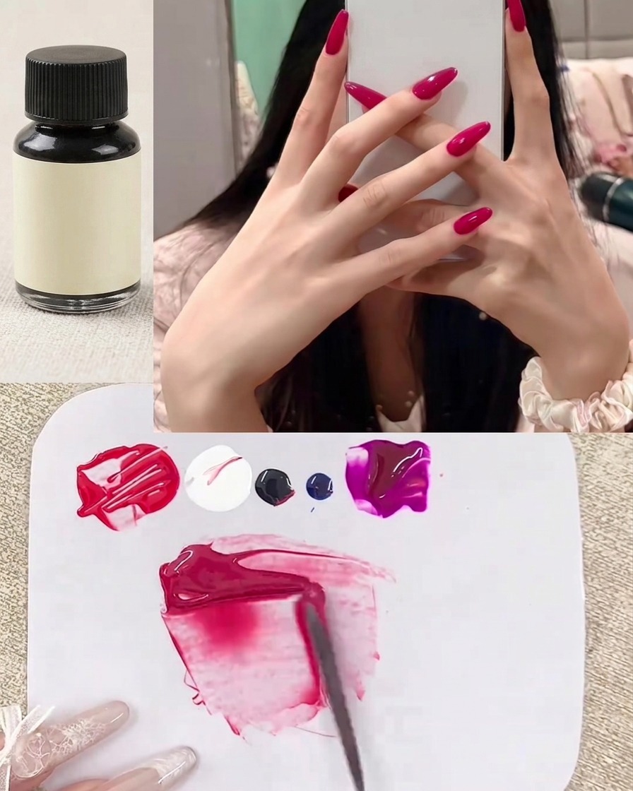 A close-up of a spatula mixing a small amount of dark pigment into the red gel on the palette.