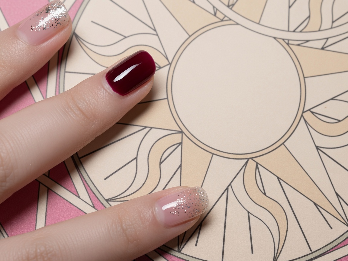 A close-up shot of a dotting pen adding small gold foil flecks onto a nail that already has a base coat applied.