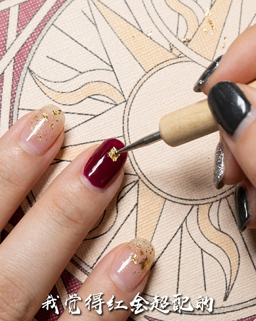 A dotting tool placing a small piece of gold foil onto a fingernail.