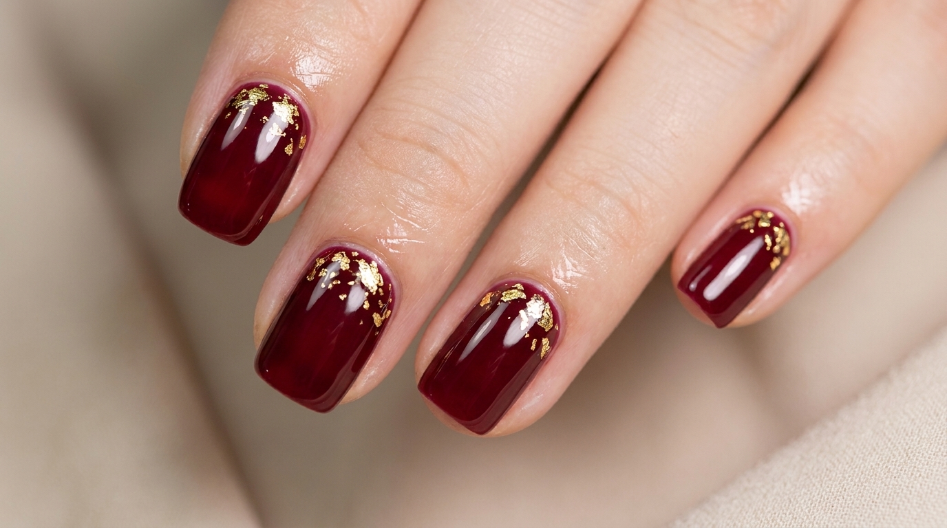 Completed deep red gel manicure featuring delicate, scattered gold foil accents concentrated near the cuticle.