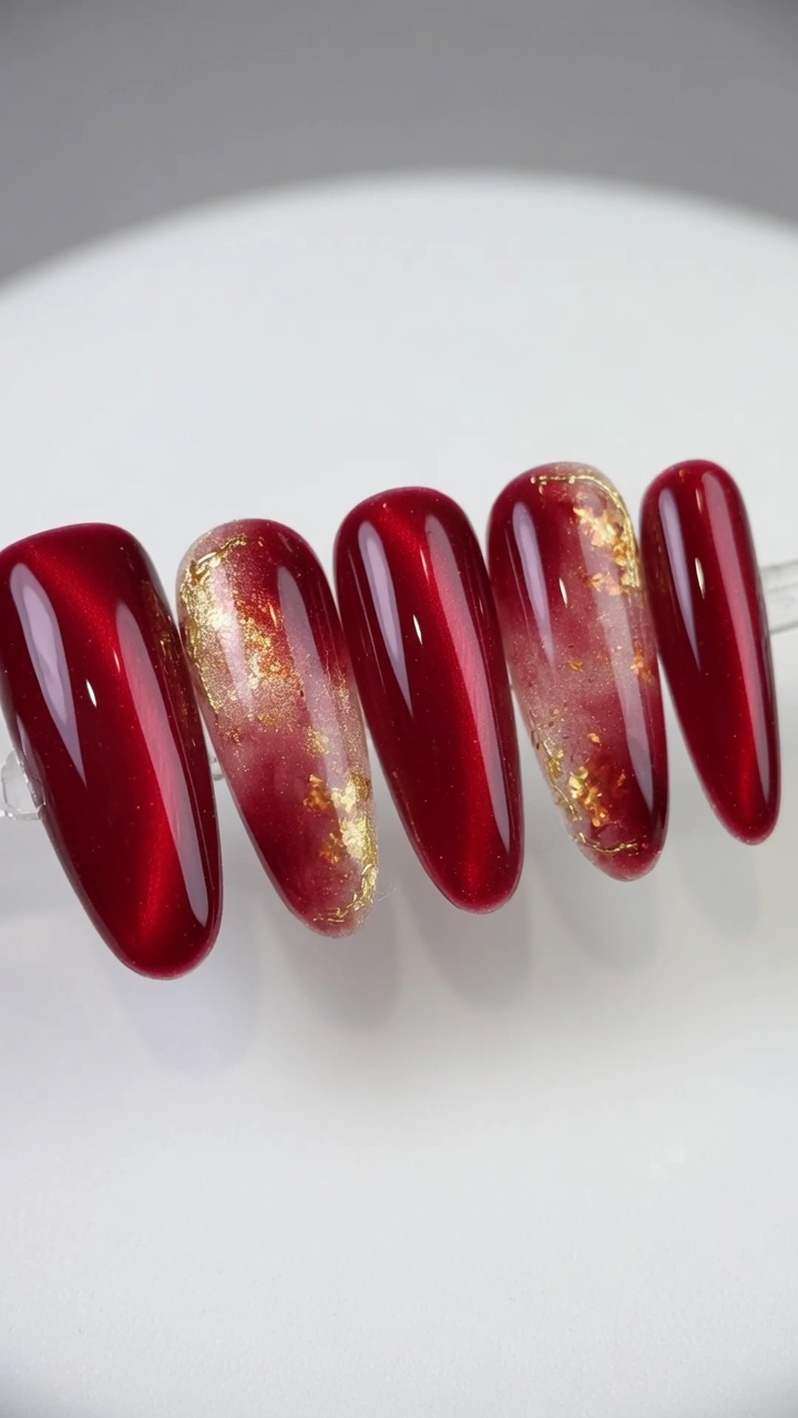 Red and Gold Watercolor Marble Nails — Luxury Cat-Eye Tutorial