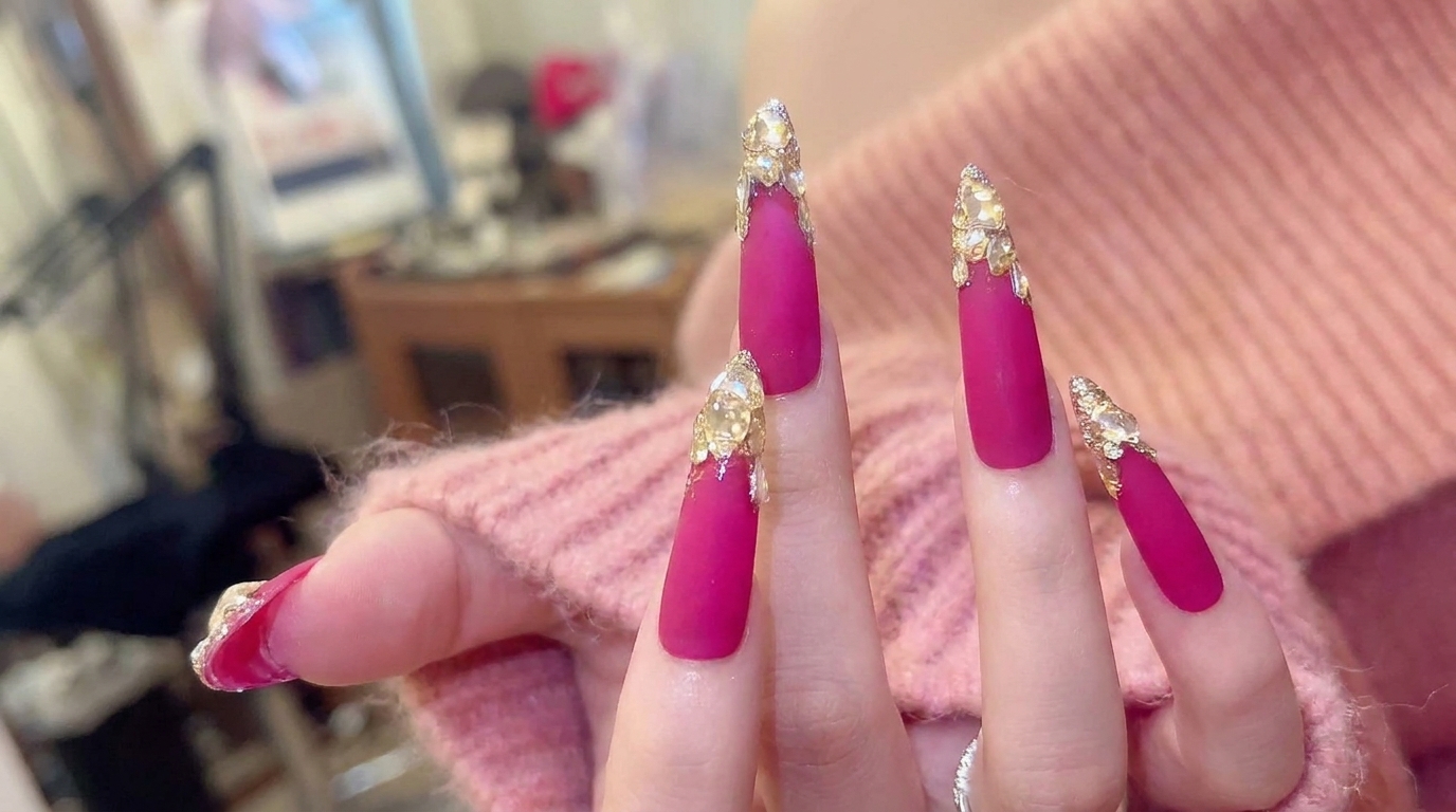 Hot Pink Stiletto Nails with Crystal Embellishments — Step-by-Step Tutorial