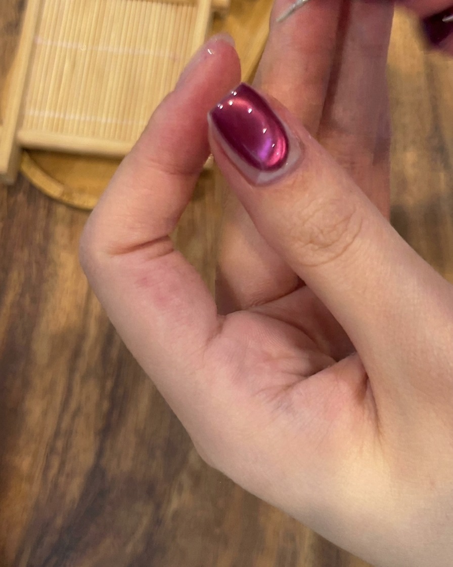 A fine detail brush applying a delicate line of silver glitter gel along the base of a cat-eye gel nail.