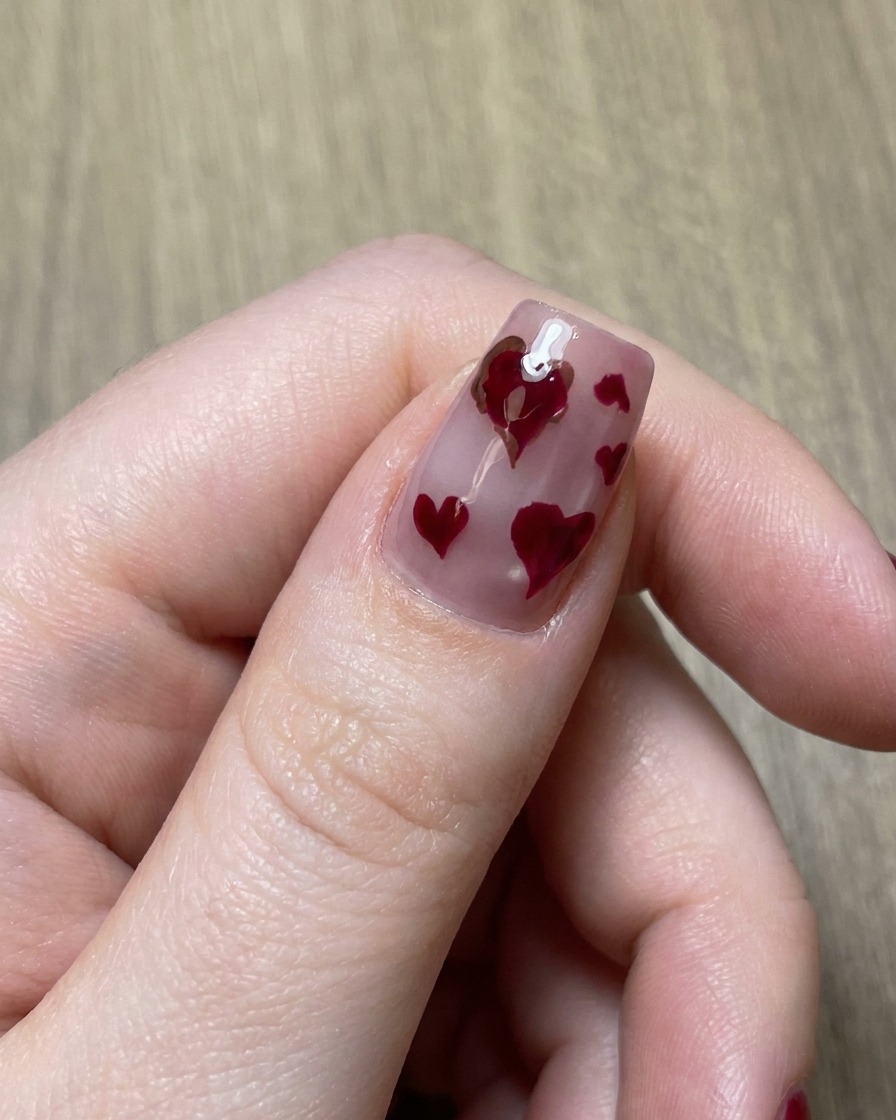 A fine detail brush drawing a brown outline around a magenta heart on the nail.