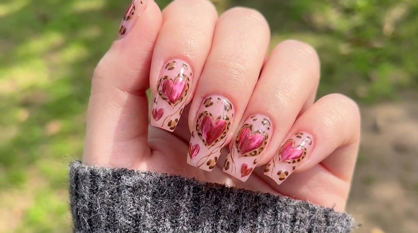 Glossy square nails featuring a translucent pink base, metallic magenta hearts, and delicate brown leopard print detailing.