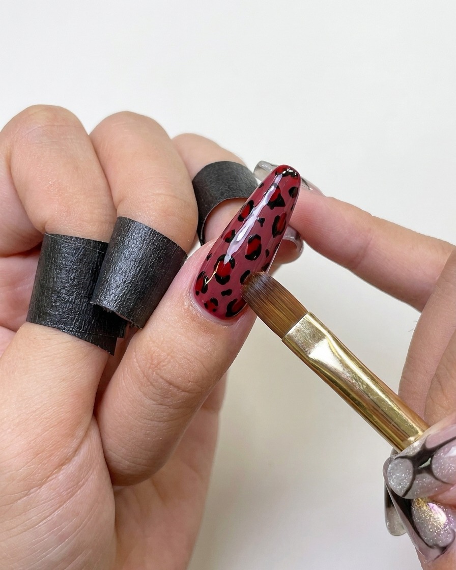 A gel polish brush applying a thick layer of clear top coat over a red and black leopard print nail.