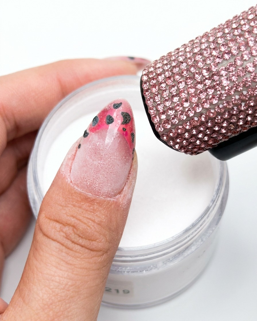 A brush sweeping over a nail to remove excess powder, revealing the leopard print design underneath.