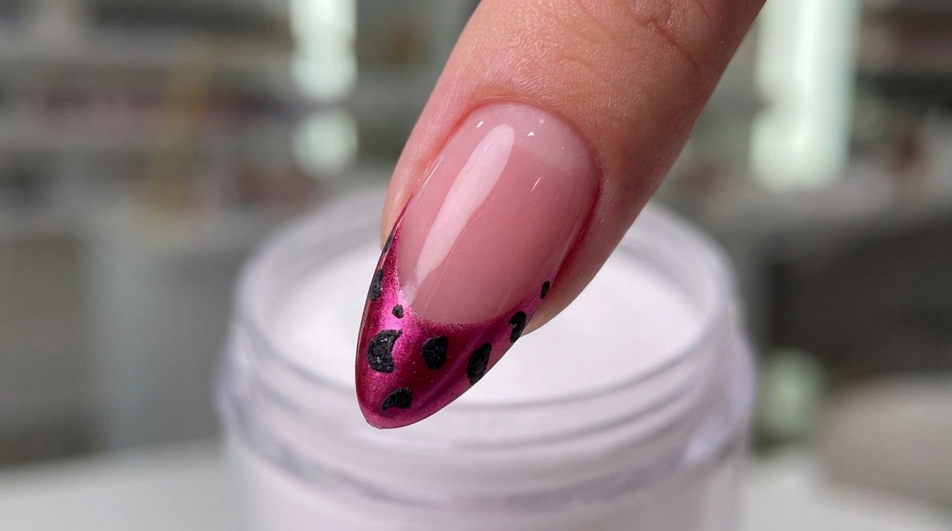 Sophisticated almond-shaped nails featuring a vibrant magenta base with a bold leopard print French tip.