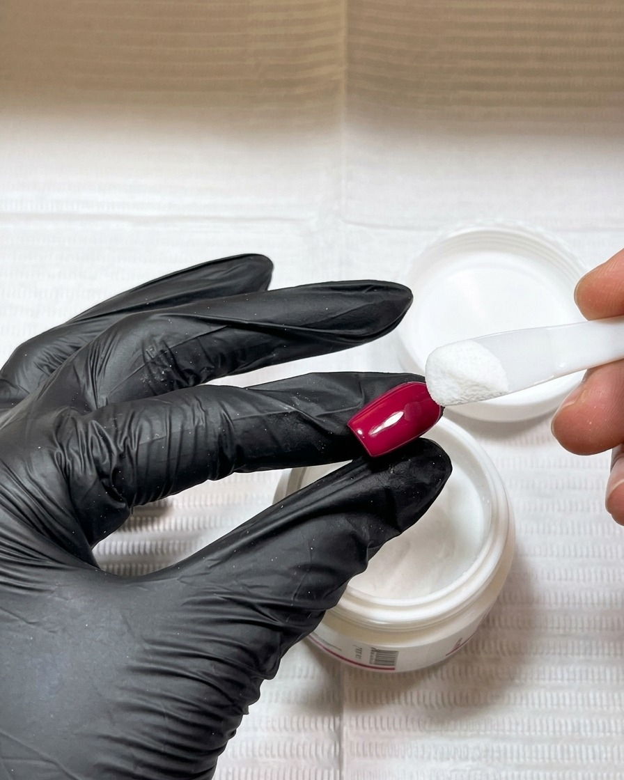 A close-up action shot showing a cuticle pusher sprinkling white acrylic powder over a glossy red gel nail tip.
