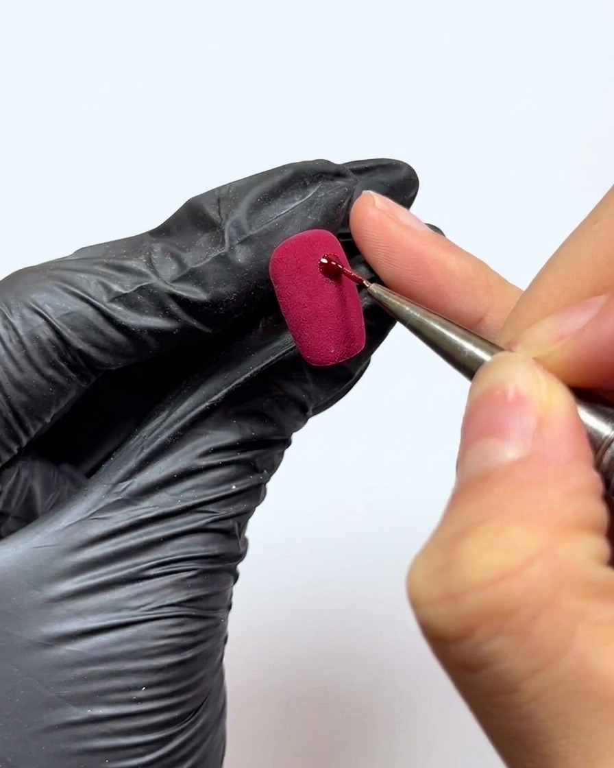 A fine liner brush applying a small dot of red gel onto a textured red nail surface.