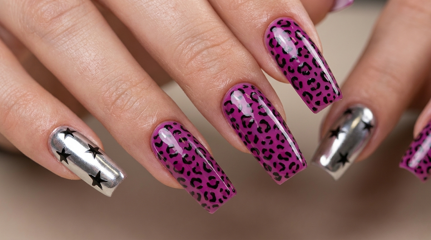 Y2K Magenta Leopard Print and Chrome Gel Extensions — Step-by-Step Tutorial