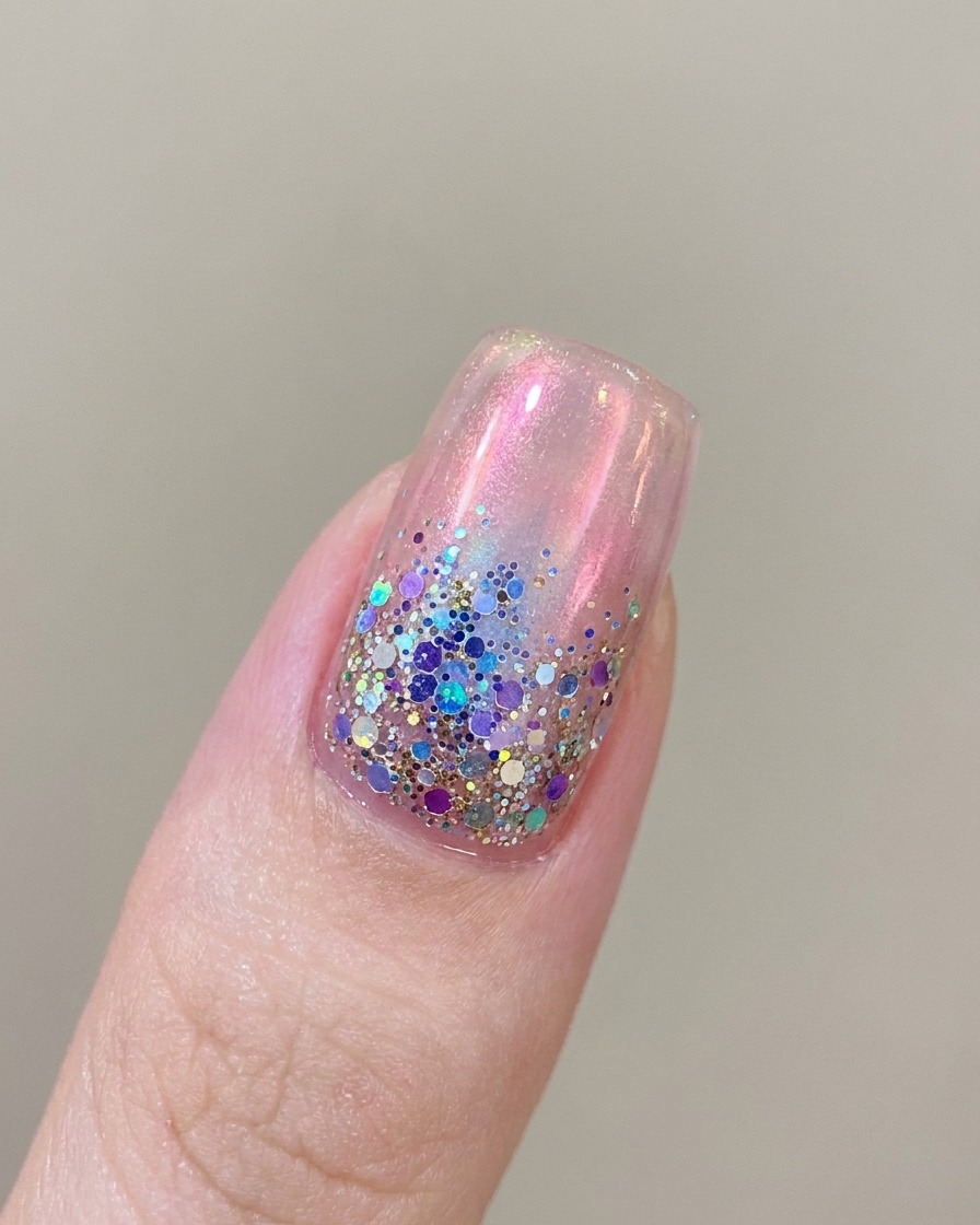 A close-up of a nail brush applying a sheer pink magnetic gel polish to a natural fingernail.