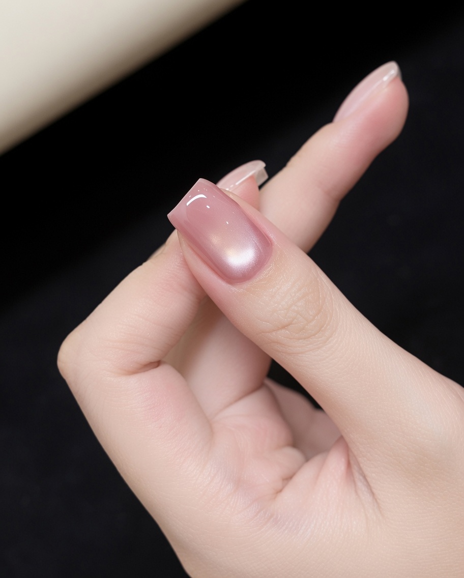 A hand placed inside a professional UV nail lamp with the light turned on for curing.