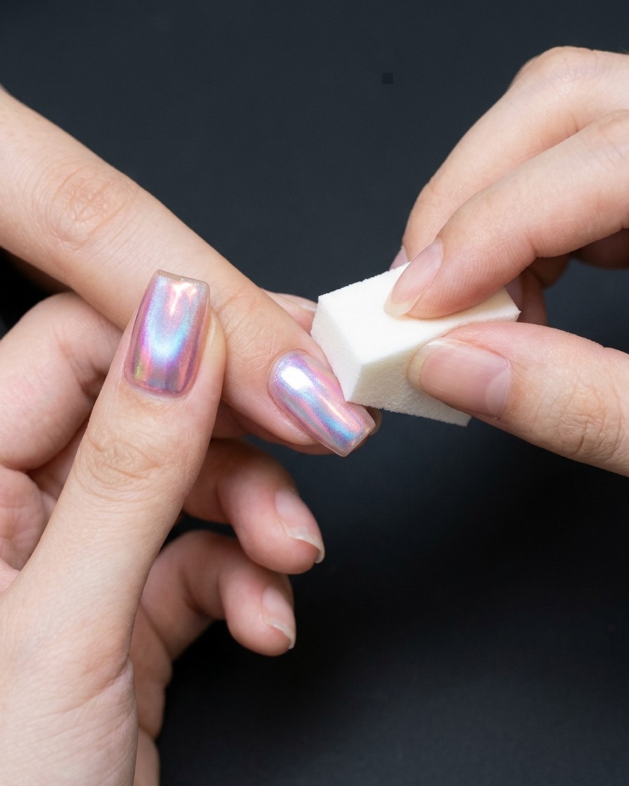 A clean, soft cloth wiping away loose powder dust from a shimmering, chrome-finished nail.