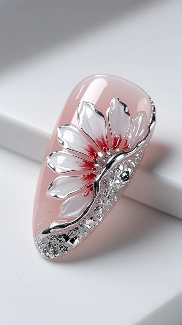 Daisy Flower Gel Nail Art with Chrome and Glitter Accents