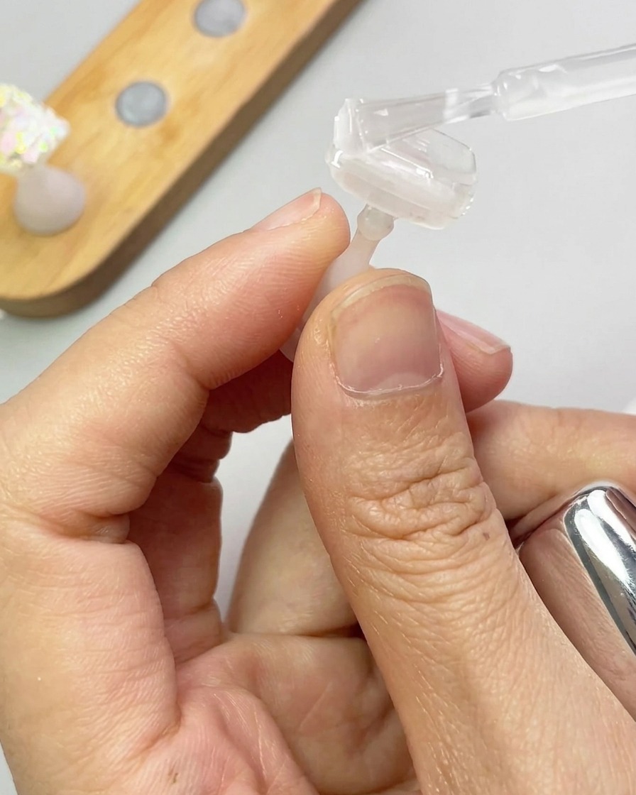 A small brush placing iridescent, colorful glitter flakes onto a wet gel-coated nail.