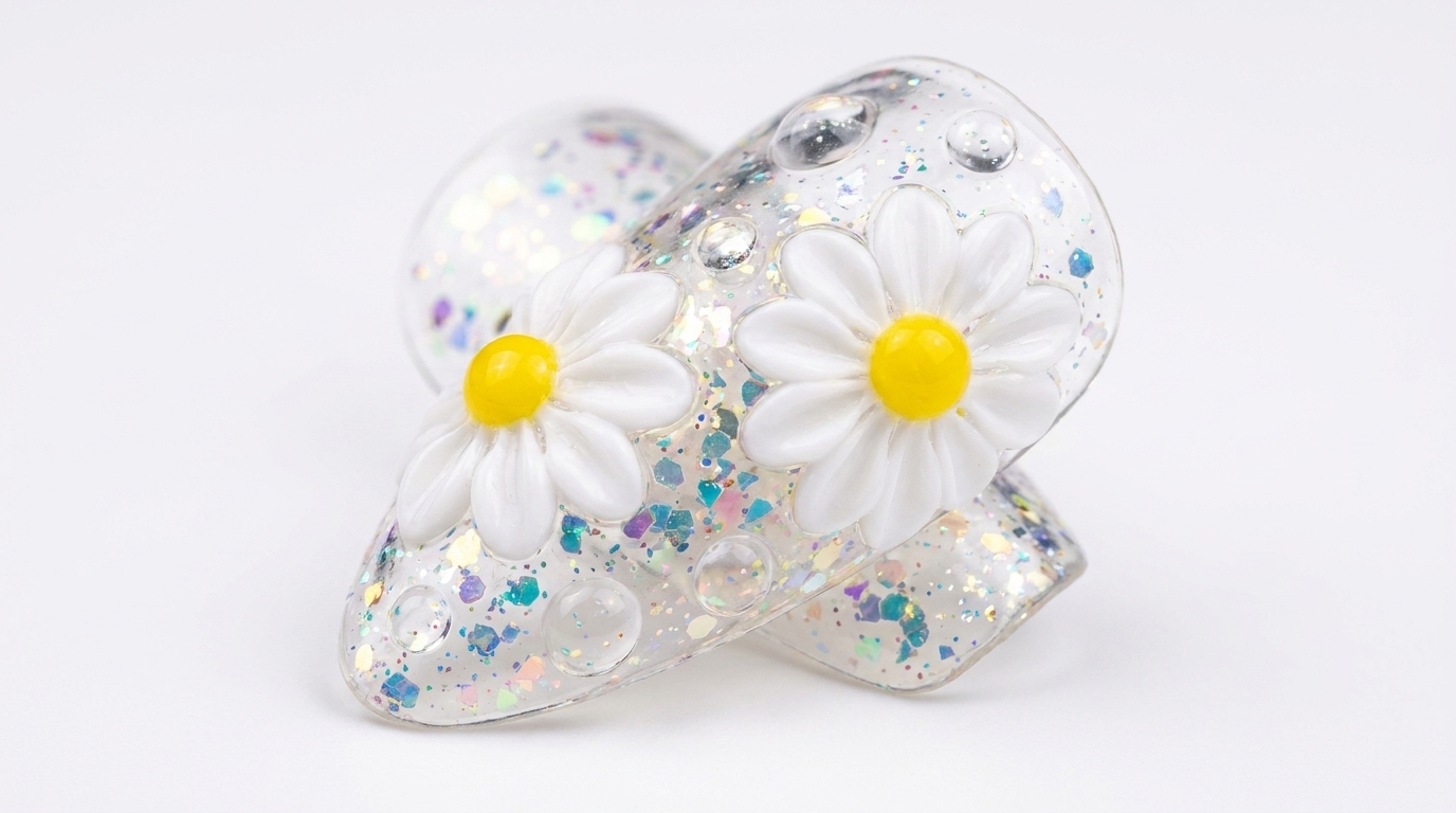 3D Daisy Flower Gel Nails with Water-Drop Effect