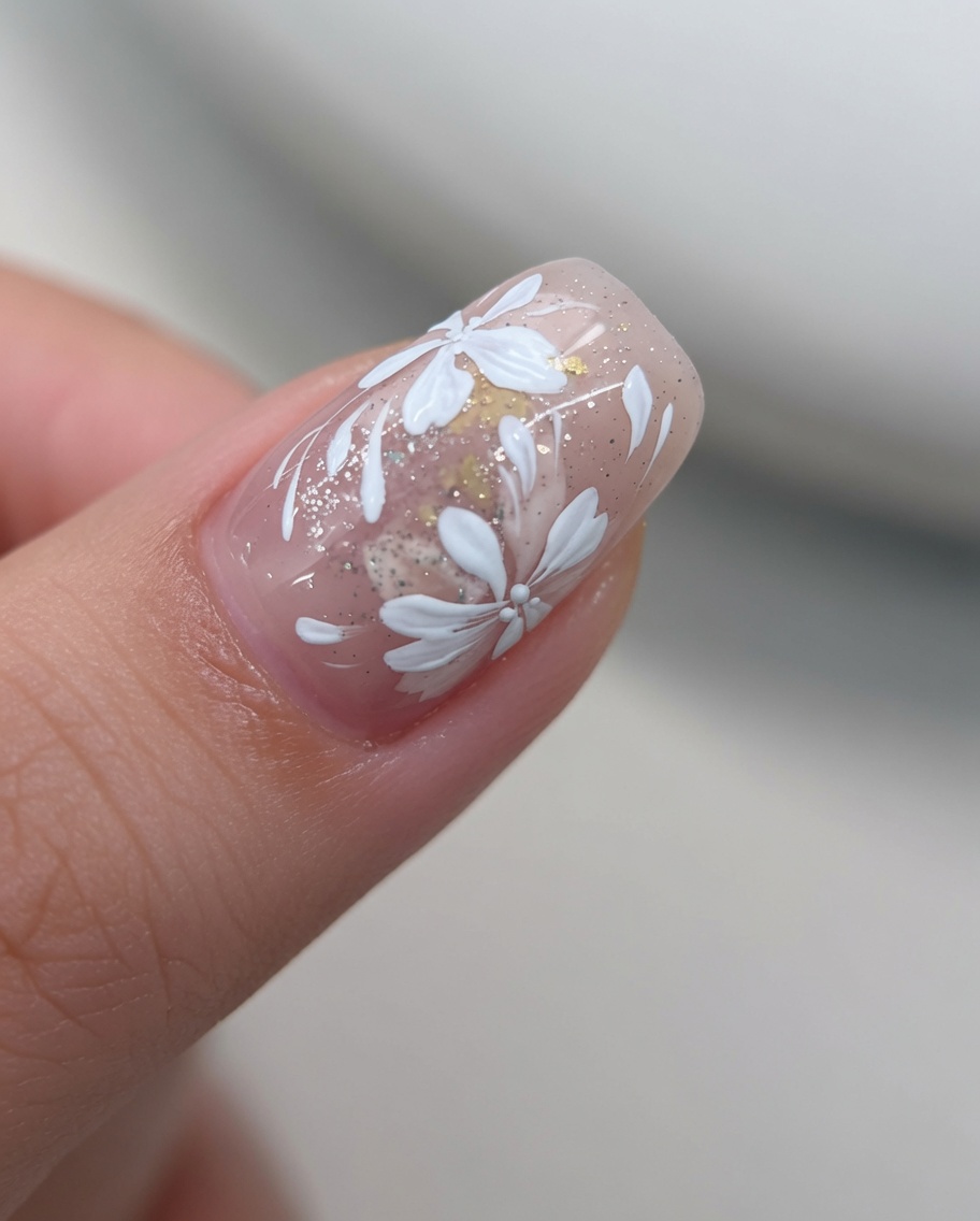 A detail brush painting delicate white flower petals on a nail.