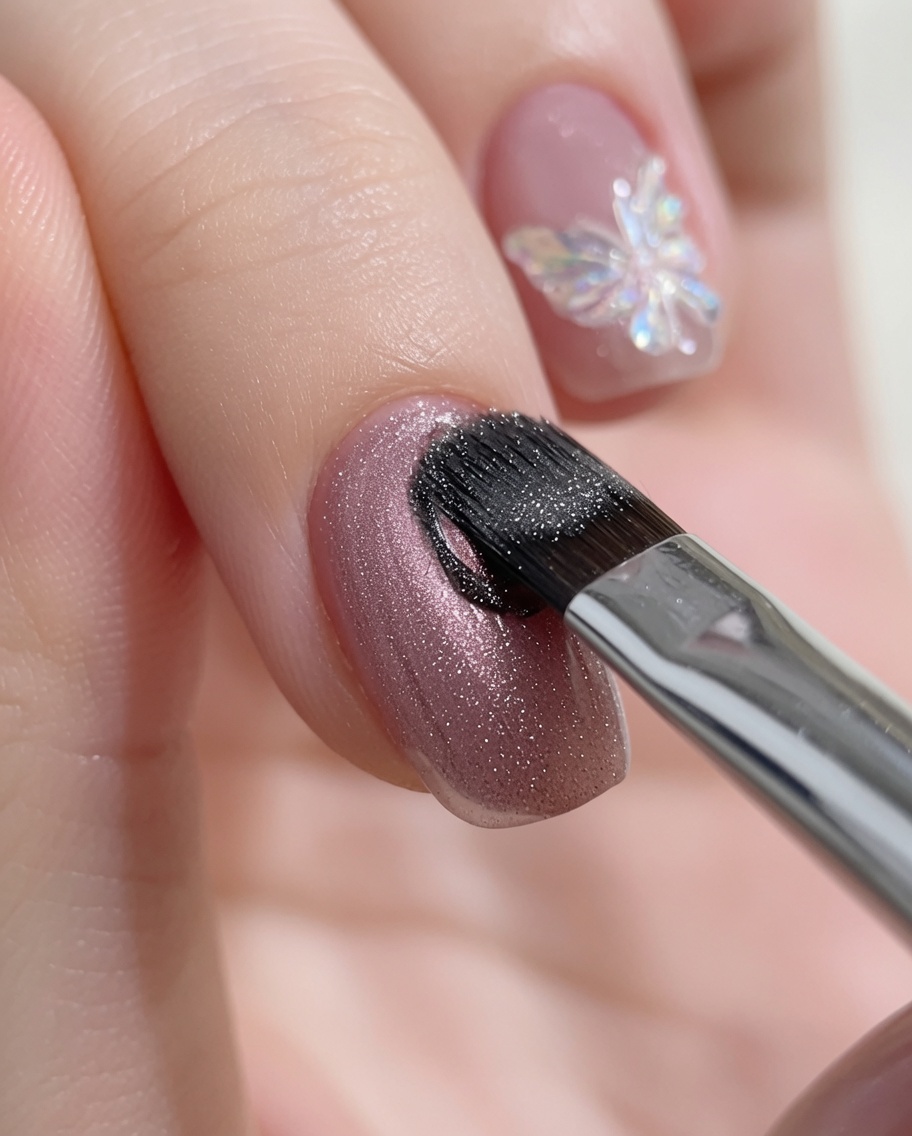 A cylindrical magnet positioned over a nail coated with wet cat-eye gel, pulling particles into a central highlight.
