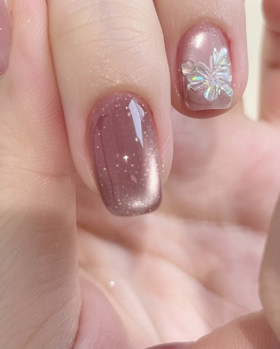 A small brush placing tiny, iridescent aurora glitter flakes onto the surface of a manicured nail.